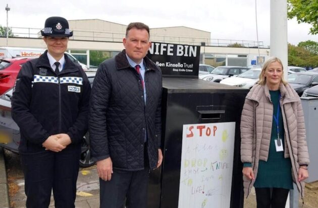 Harlow district commander Chief Inspector Emily Holmes, Deputy Police Fire and Crime Commissioner Joel Charles and DS Karen Osborne attend the emptying of the Harlow knife bin during Sceptre
