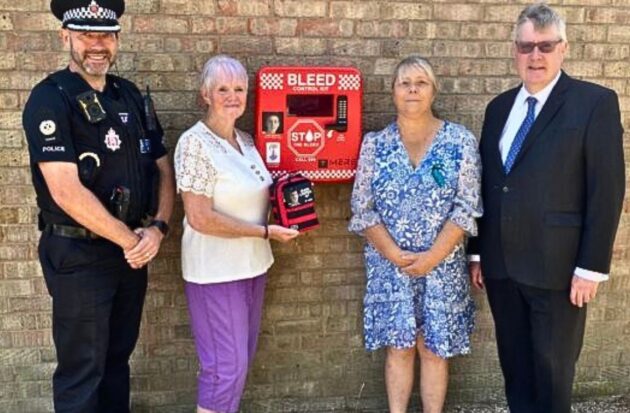 ACC Pavelin, PFCC and Julie Taylor with bleed kit at Chelmsford