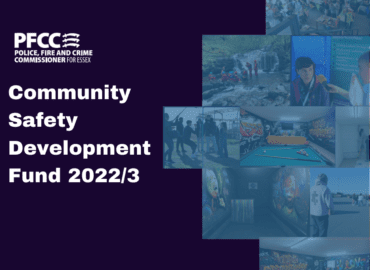 Graphic with text on the left that reads 'Community safety development fund 2022/23' beside the text is a collage of photos